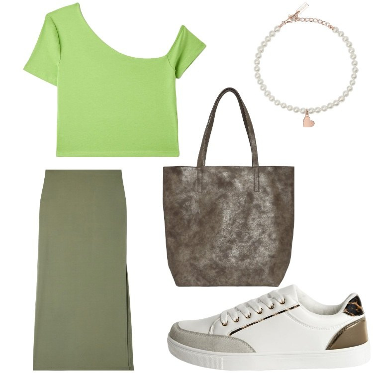 Outfit donna - In gita. Stile Sporty chic per Tutti i giorni. Abbinamento con gonne lunghe, sneakers, borse tote, t-shirt, braccialetti.