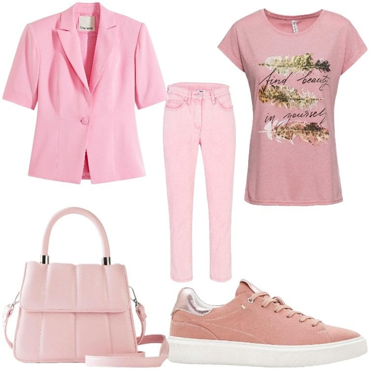 Outfit donna - Pink vibes. Stile Sporty chic per Serata fuori. Abbinamento con t-shirt, pantaloni, blazer, borse a tracolla, sneakers.