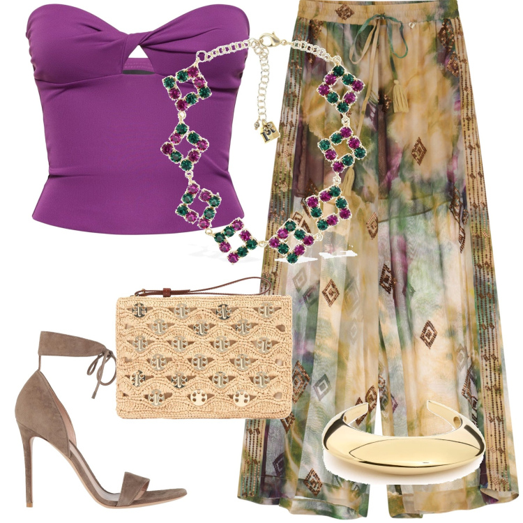 Outfit donna - Total look #2118709. Abbinamento con sandali in pelle, pantaloni a palazzo, collane, top, braccialetti, pochette.