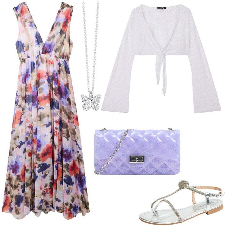 Outfit donna - Terranova occasioni speciali. Stile Chic per Cerimonia. Abbinamento con vestiti lunghi, borse a tracolla, bolero, ciabatte, collane.