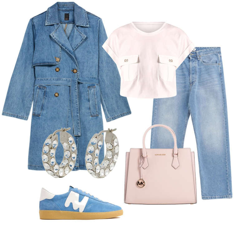 Outfit donna - Total look #2118724. Stile Casual per Tutti i giorni. Abbinamento con borse a mano, orecchini, t-shirt, jeans, trench, sneakers.