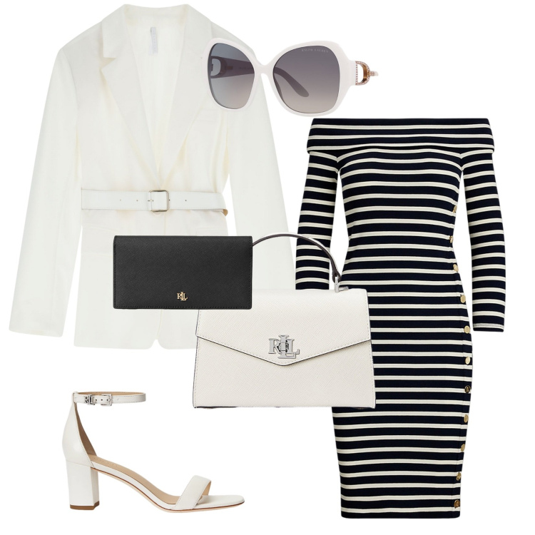 Outfit donna - Occhiali sulle righe. Stile Casual chic per Tutti i giorni. Abbinamento con blazer, portafogli, occhiali da sole, vestiti lunghi, sandali in pelle, borse a mano.
