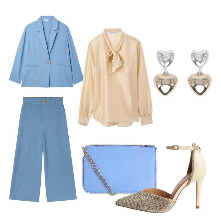 Outfit donna - Happy soft color day!. Stile Chic per Cerimonia. Abbinamento con blazer, bluse, pantaloni a palazzo, décolleté, borse a tracolla, orecchini.