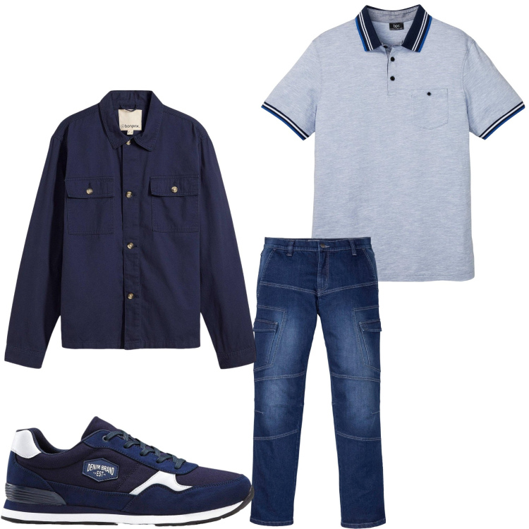 Outfit uomo - Grigio e blu. Stile Casual per Tutti i giorni. Abbinamento con polo, sneakers, giacche, jeans dritti.