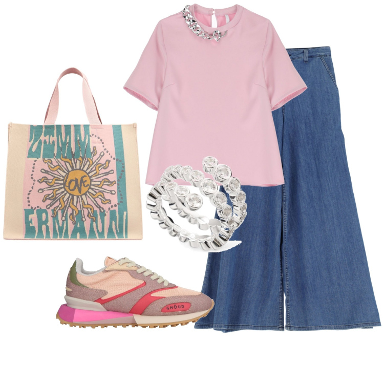Outfit donna - Total look #2118734. Stile Casual per Tutti i giorni. Abbinamento con sneakers, t-shirt, jeans, anelli, shopping bag.