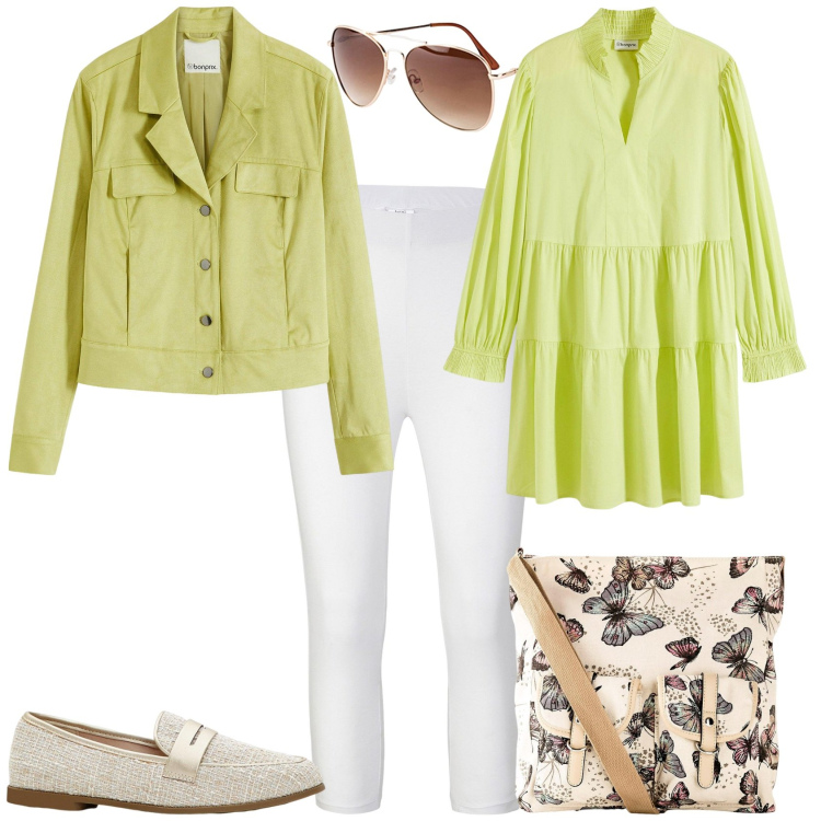 Outfit donna - Total look #2118735. Stile Trendy per Tutti i giorni. Abbinamento con leggings, occhiali da sole, mocassini, vestiti corti, blazer, borse a tracolla.