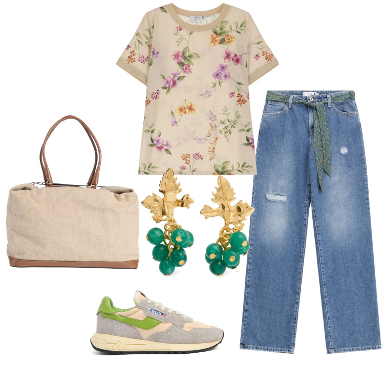 Outfit donna - Total look #2118736. Stile Casual per Tutti i giorni. Abbinamento con borse a mano, jeans strappati, t-shirt, orecchini, sneakers.