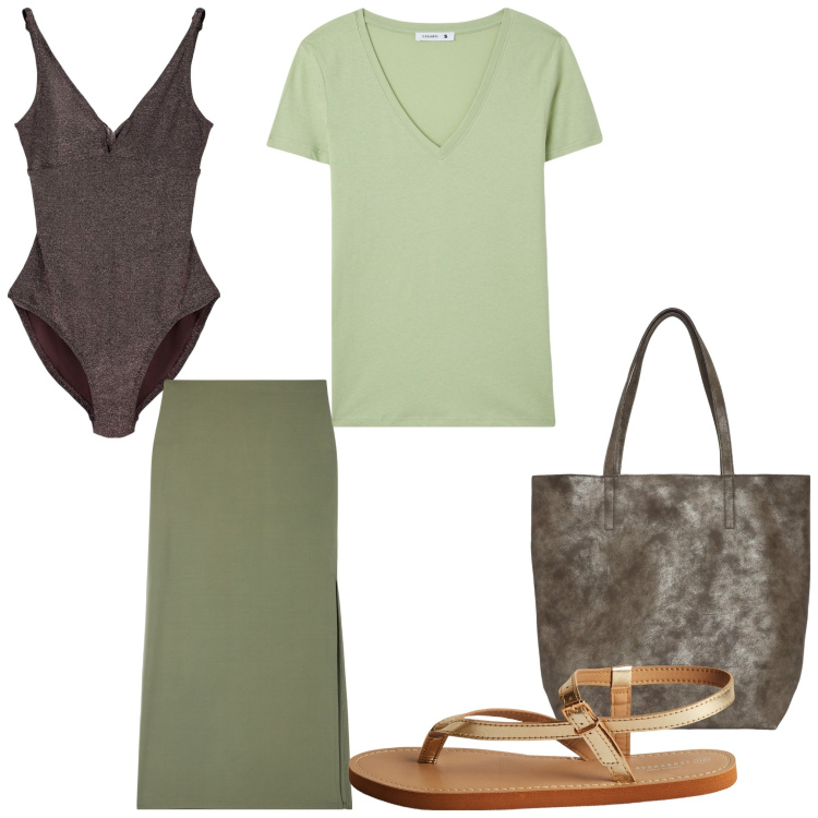 Outfit donna - Verde al mare. Stile Casual per Mare. Abbinamento con gonne lunghe, t-shirt, costumi interi, borse tote, ciabatte.