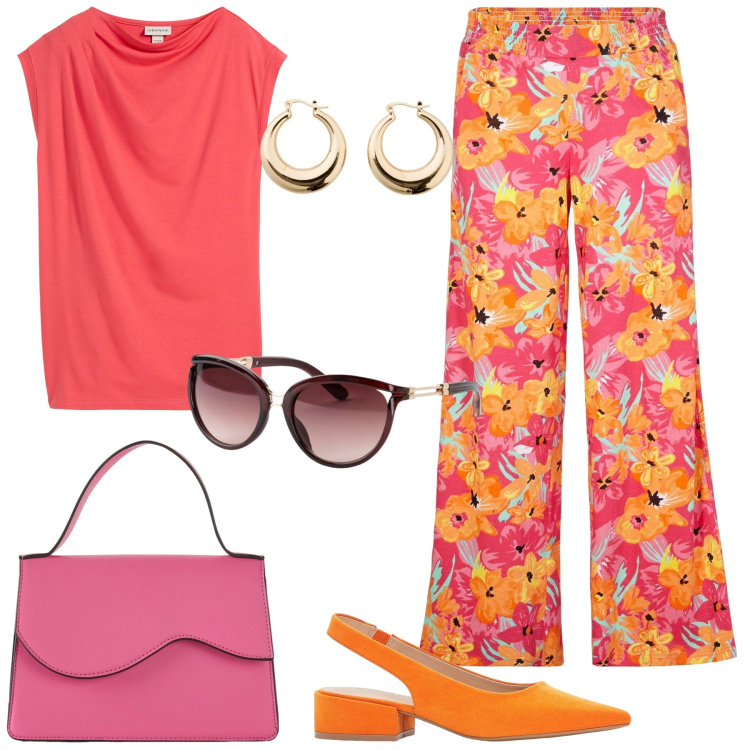 Outfit donna - Hotel Summer Vibes. Stile Trendy per Tutti i giorni. Abbinamento con pantaloni a palazzo, décolleté, occhiali da sole, borse a tracolla, bluse, orecchini.