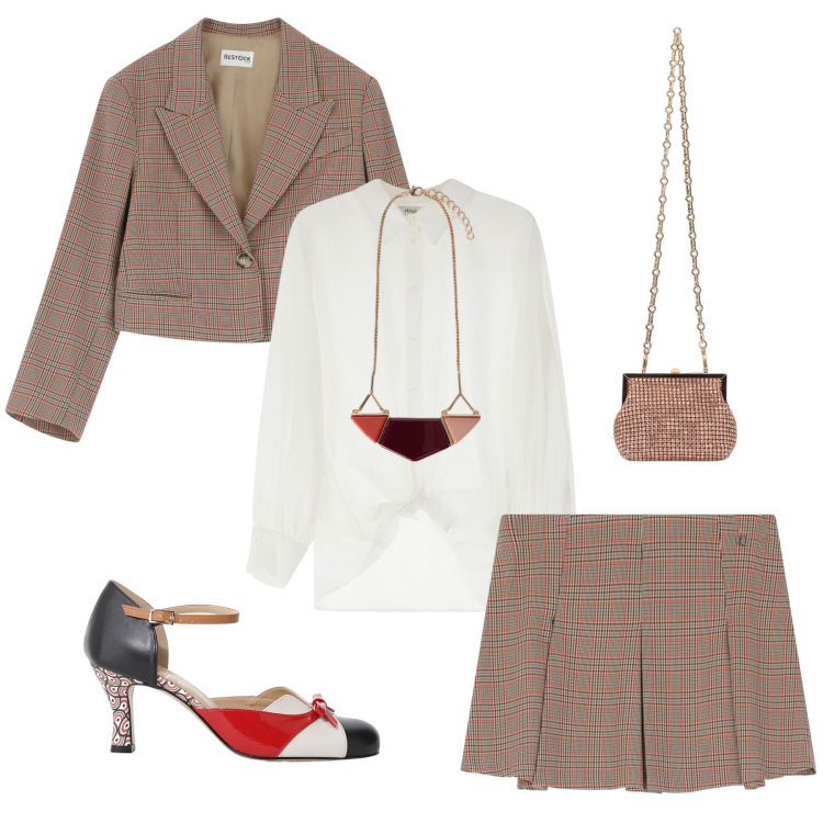 Outfit donna - Chic Collegiale. Stile Chic per Tutti i giorni. Abbinamento con camicie, minigonne, blazer, décolleté, clutch, ciondoli.