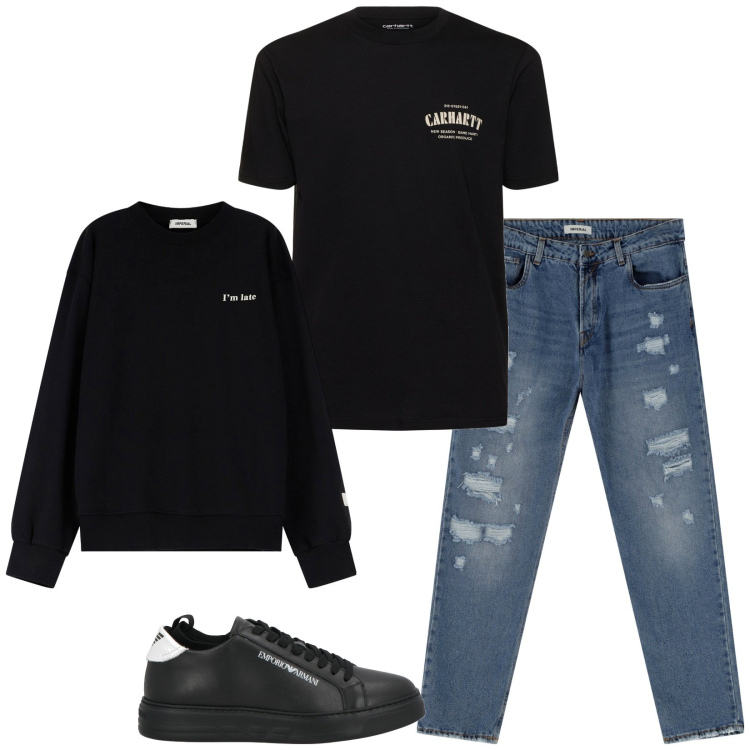 Outfit uomo - Jeans con strappi. Stile Casual per Tutti i giorni. Abbinamento con sneakers, felpe, jeans, t-shirt.