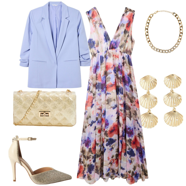 Outfit donna - Pronta per brillare. Stile Romantica per Cerimonia. Abbinamento con vestiti lunghi, orecchini, borse a tracolla, collane, décolleté, blazer.