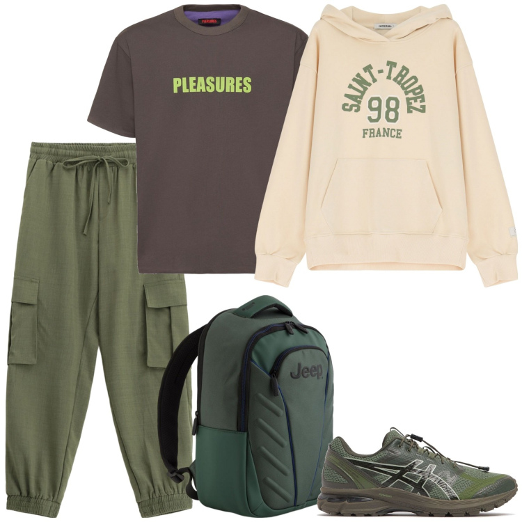 Outfit uomo - Total look #2118755. Stile Casual per Tutti i giorni. Abbinamento con felpe con cappuccio, pantaloni cargo, sneakers, borse sportive, t-shirt.