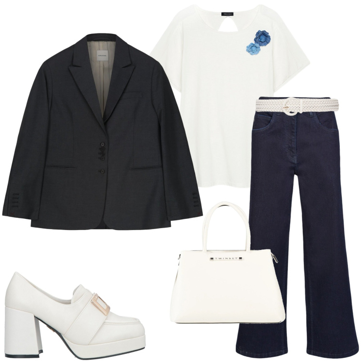 Outfit donna - In ufficio. Stile Casual chic per Ufficio. Abbinamento con mocassini, borse a mano, blazer, t-shirt, pantaloni, cinture.