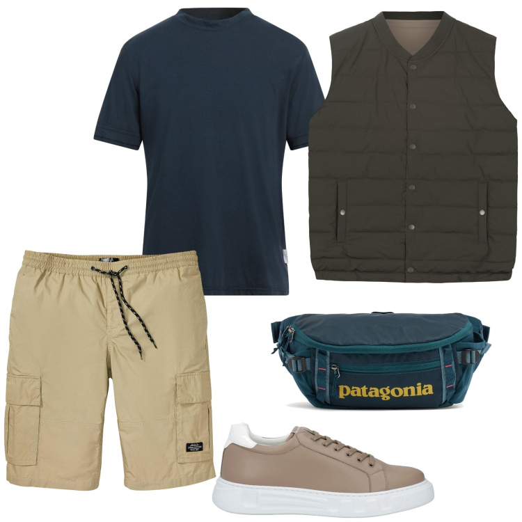 Outfit uomo - Escursione. Stile Casual per Tutti i giorni. Abbinamento con bermuda, sneakers, t-shirt, borse sportive, gilet.