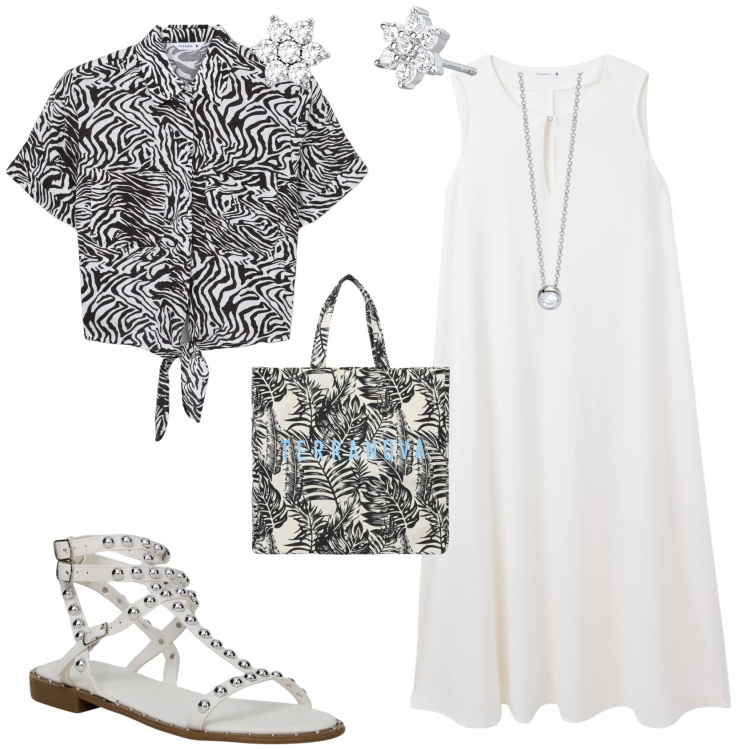 Outfit donna - Total look #2118774. Stile Etnico per Mare. Abbinamento con vestiti lunghi, borse tote, camicie a manica corta, sandali, orecchini, collane.