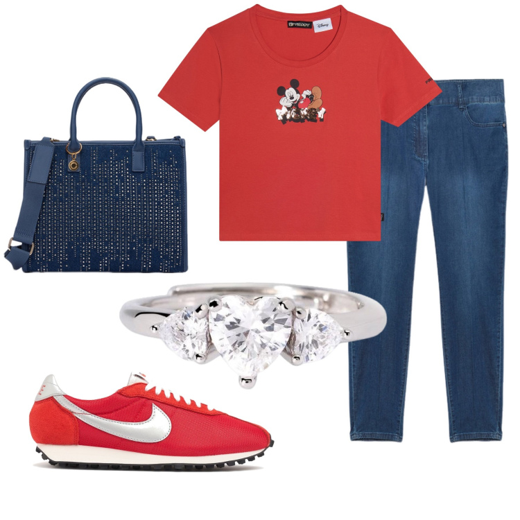 Outfit donna - Total look #2118775. Stile Casual per Tutti i giorni. Abbinamento con anelli, t-shirt, jeans skinny, sneakers, borse a mano.