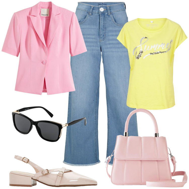 Outfit donna - Bonprix tendenze. Stile Casual per Tutti i giorni. Abbinamento con jeans, maglieria, blazer, occhiali da sole, décolleté, borse a tracolla.