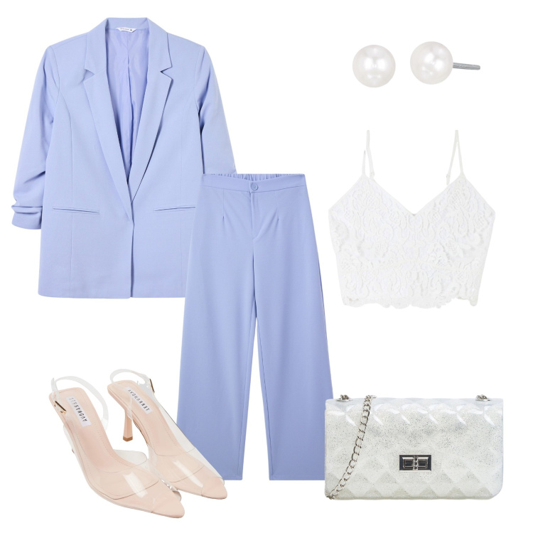 Outfit donna - Eleganza pastello. Stile Chic per Cerimonia. Abbinamento con sandali col tacco, borse a tracolla, top, pantaloni, blazer, orecchini.