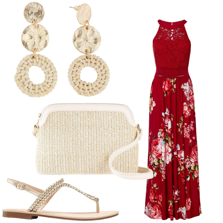 Outfit donna - Boho. Stile Boho per Serata fuori. Abbinamento con ciabatte, orecchini, borse a tracolla, vestiti lunghi.