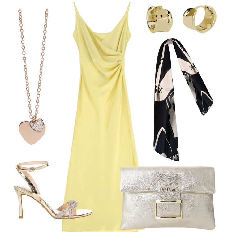 Outfit donna - Wedding day. Stile Glamour per Cerimonia. Abbinamento con vestiti midi/longuette, pochette, ciondoli, orecchini, sandali col tacco, sciarpe.