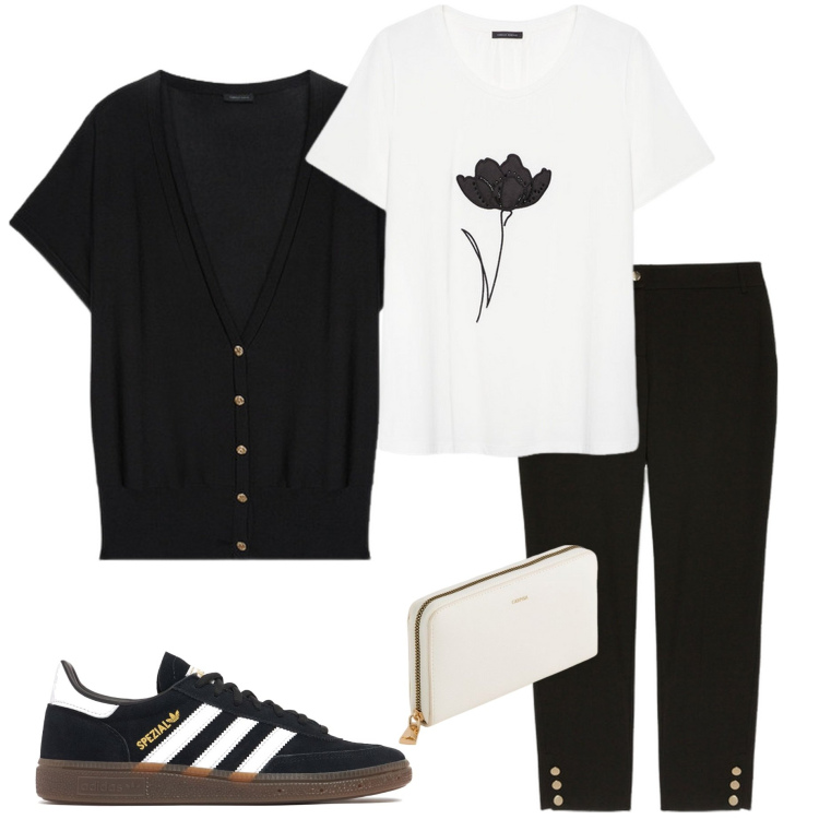Outfit donna - Un fiore per me. Stile Casual chic per Serata fuori. Abbinamento con pantaloni chino, cardigans, t-shirt, sneakers, portafogli.