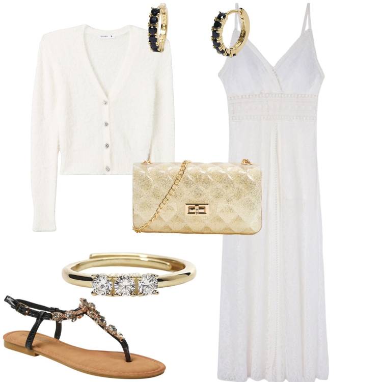 Outfit donna - Serata al mare. Stile Romantica per Mare. Abbinamento con vestiti lunghi, cardigans, borse a tracolla, sandali gioiello, orecchini, anelli.