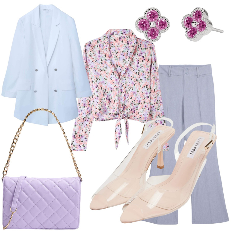 Outfit donna - E primavera sia. Stile Bon Ton per Cerimonia. Abbinamento con pantaloni, sandali col tacco, blazer, camicie, borse a tracolla, orecchini.