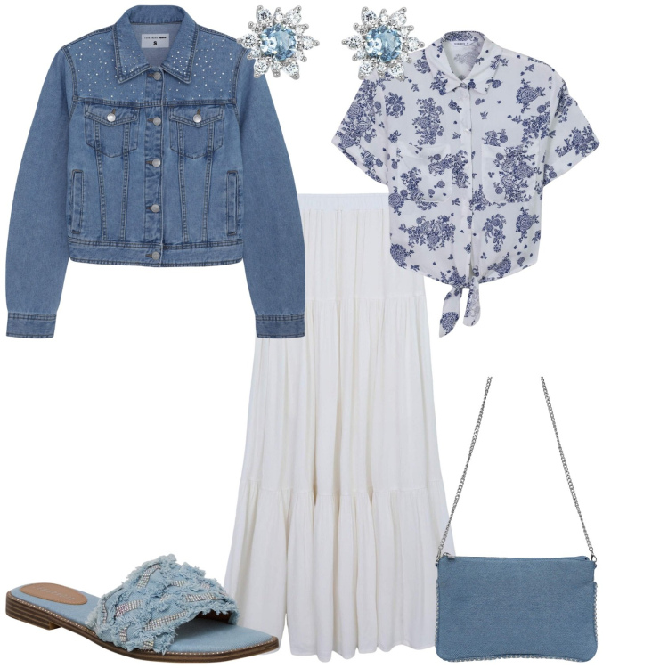 Outfit donna - Serata al lago o al mare. Stile Boho per Mare. Abbinamento con gonne lunghe, borse a tracolla, camicie, cappotti, ciabatte, orecchini.