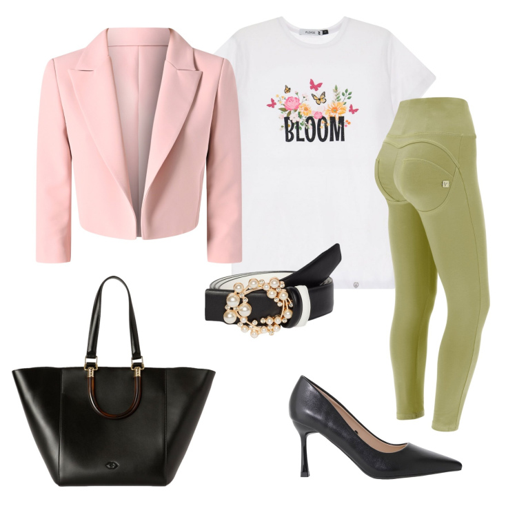 Outfit donna - Business Bloom. Stile Casual chic per Ufficio. Abbinamento con blazer, t-shirt, décolleté, pantaloni skinny, cinture, shopping bag.
