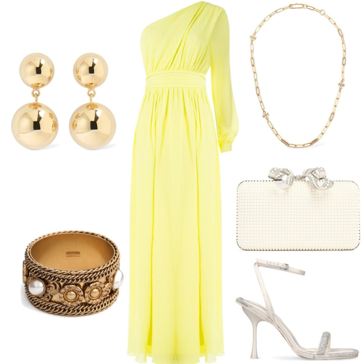 Outfit donna - Il vestito giallo lime. Stile Chic per Cerimonia. Abbinamento con vestiti lunghi, sandali in pelle, braccialetti, pochette, orecchini, collane.