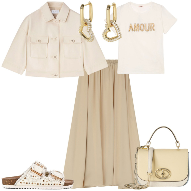 Outfit donna - Romantica per tutti I giorni. Stile Romantica per Tutti i giorni. Abbinamento con orecchini, gonne lunghe, sandali, t-shirt, blazer, borse a tracolla.