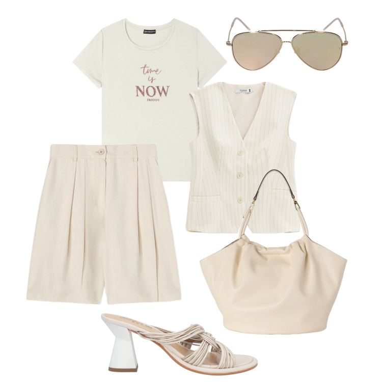 Outfit donna - Città monocromatica. Stile Trendy per Tutti i giorni. Abbinamento con sandali in pelle, gilet, t-shirt, shorts, borse a secchiello, occhiali da sole.