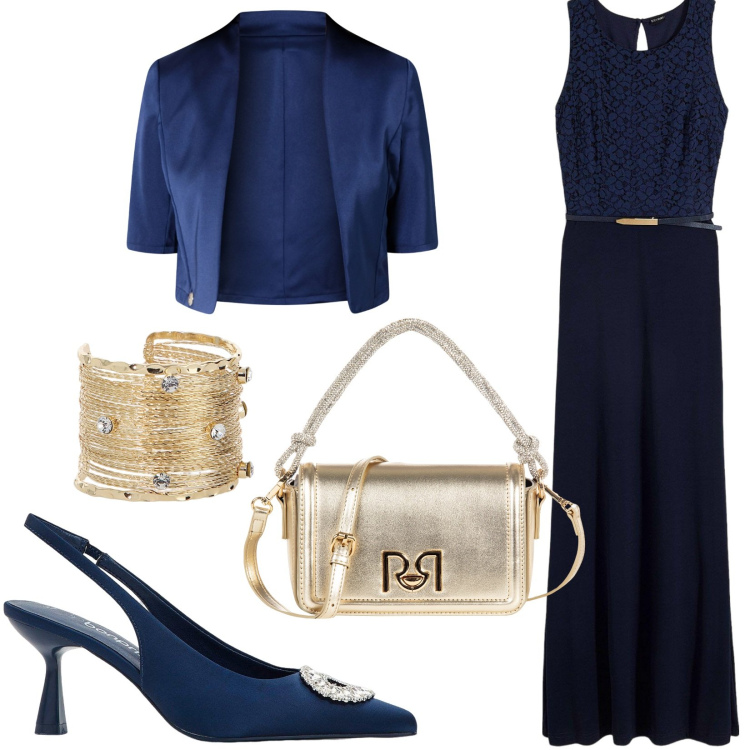 Outfit donna - Elegante in blu e oro. Stile Bon Ton per Cerimonia. Abbinamento con vestiti lunghi, décolleté, blazer, borse a mano, braccialetti.