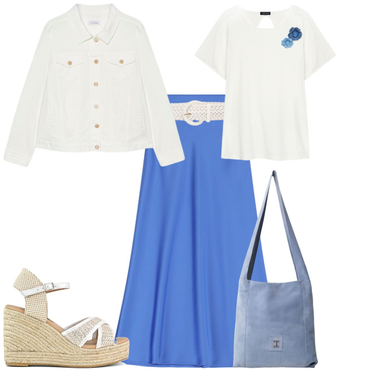 Outfit donna - Romantica casual chic. Stile Romantica per Tutti i giorni. Abbinamento con gonne lunghe, borse a tracolla, t-shirt, zeppe, blazer, cinture.