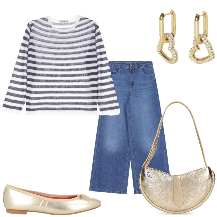 Outfit donna - Le righe e jeans. Stile Casual chic per Tutti i giorni. Abbinamento con ballerine, pantaloni a palazzo, orecchini, maglieria, borse a spalla.
