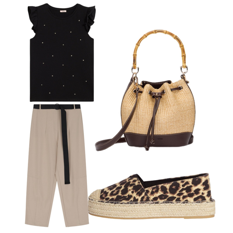 Outfit donna - Aperitivo. Stile Trendy per Tutti i giorni. Abbinamento con espadrillas, pantaloni, top, borse a secchiello.