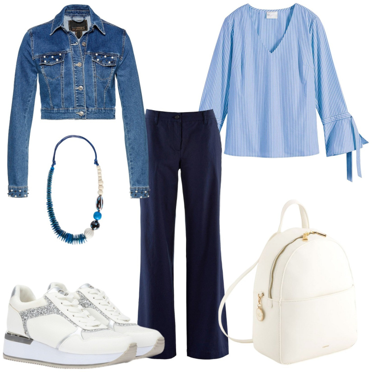 Outfit donna - Total look #2118812. Stile Casual per Tutti i giorni. Abbinamento con pantaloni, blazer, tuniche, collane, zaini, sneakers.