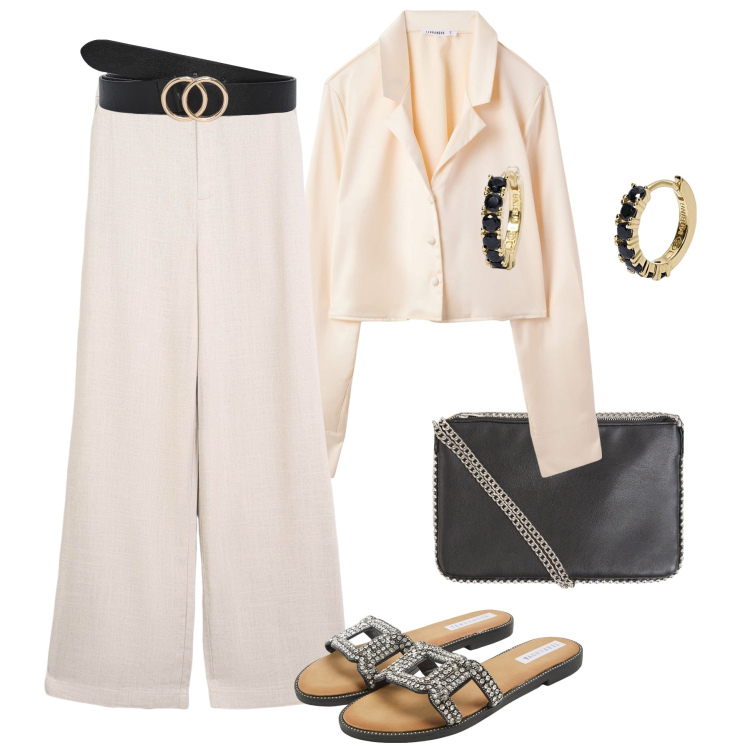 Outfit donna - Pantaloni in lino di sera. Stile Casual chic per Serata fuori. Abbinamento con camicie, borse a tracolla, ciabatte, pantaloni, cinture, orecchini.