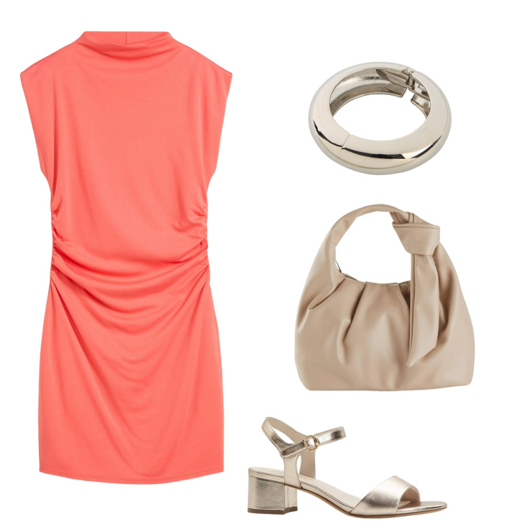 Outfit donna - Vestito corto arancione. Stile Bon Ton per Tutti i giorni. Abbinamento con borse a mano, braccialetti, vestiti corti, sandali col tacco.