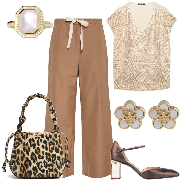 Outfit donna - Per mano al mare. Stile Chic per Serata fuori. Abbinamento con décolleté, anelli, t-shirt, orecchini, borse a mano, pantaloni.