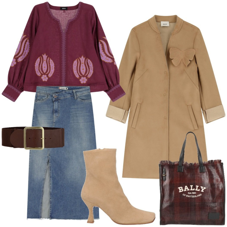 Outfit donna - Total look #2118821. Stile Casual chic per Ufficio. Abbinamento con borse a mano, stivaletti, gonne longuette, cappotti, bluse, cinture.