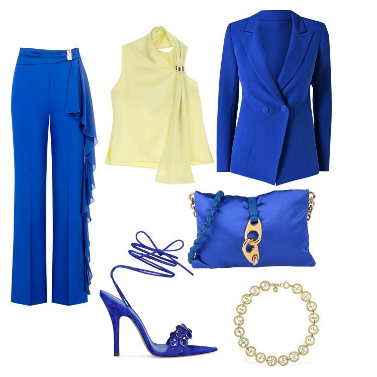 Outfit donna - Blumarine. Stile Chic per Cerimonia. Abbinamento con borse a tracolla, blazer, pantaloni, top, collane, sandali in pelle.