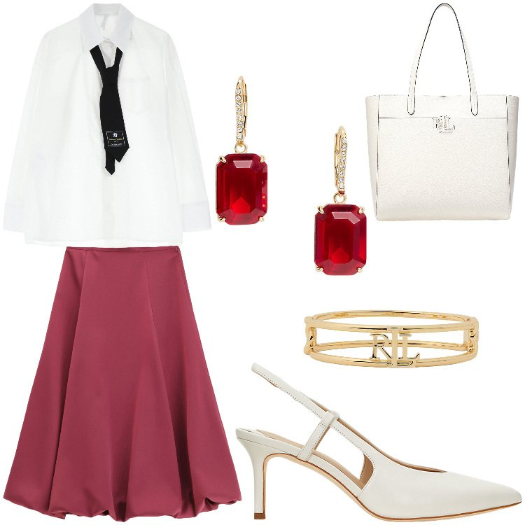 Outfit donna - Top per l\'ufficio. Stile Casual chic per Ufficio. Abbinamento con gonne longuette, camicie, borse tote, décolleté, orecchini, braccialetti.