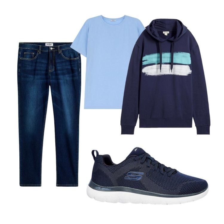 Outfit uomo - Total look #2118828. Stile Casual per Tutti i giorni. Abbinamento con jeans, sneakers, felpe con cappuccio, t-shirt.