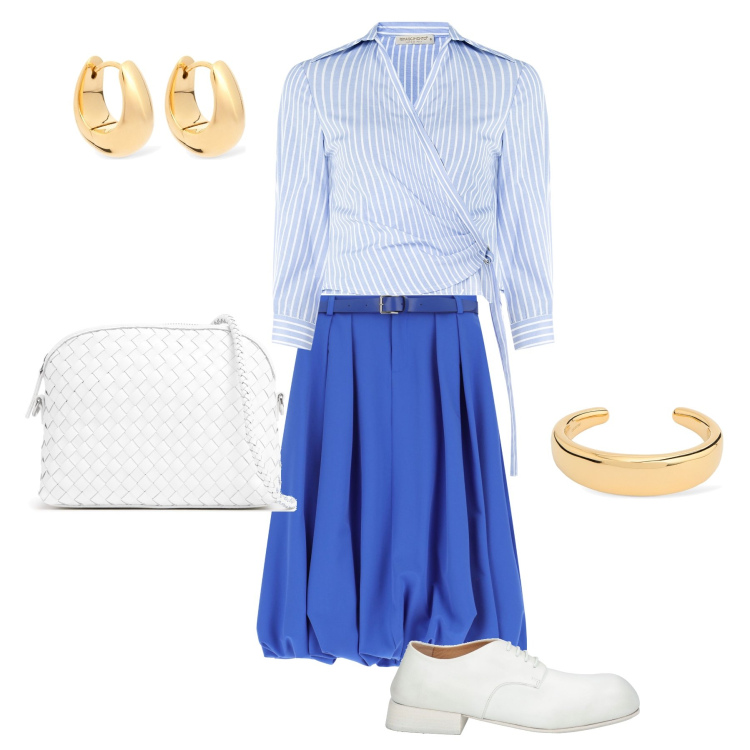 Outfit donna - Donna con la gonna. Stile Bon Ton per Tutti i giorni. Abbinamento con scarpe stringate, gonne longuette, camicie, braccialetti, borse a spalla, orecchini.