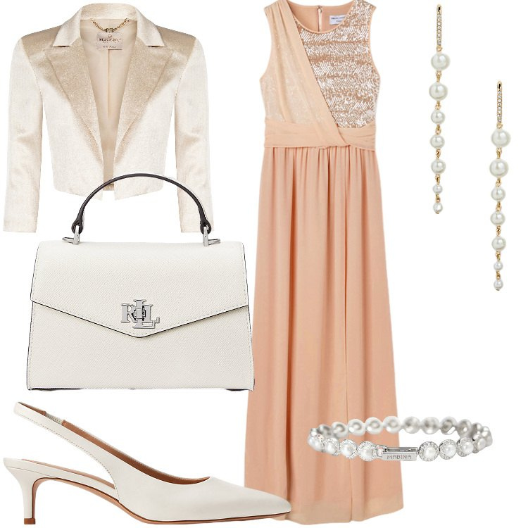 Outfit donna - Perle e pesche. Stile Chic per Cerimonia. Abbinamento con braccialetti, bolero, décolleté, orecchini, borse a mano, vestiti lunghi.