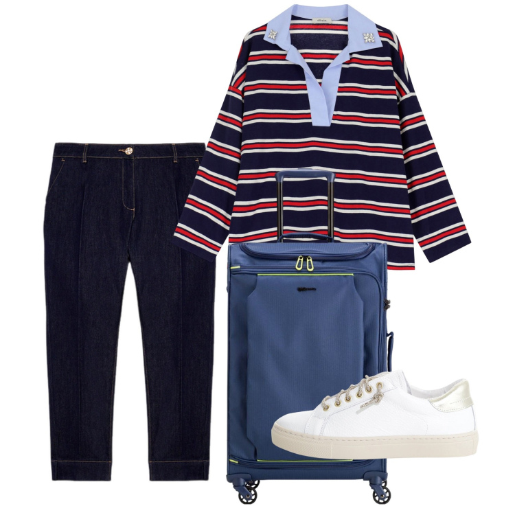 Outfit donna - Weekend. Stile Basic per Tutti i giorni. Abbinamento con sneakers, maglieria, jeans, valigie.