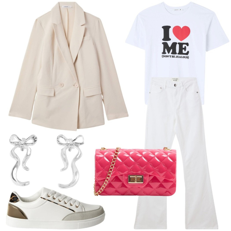 Outfit donna - In vacanza. Stile Casual per Tutti i giorni. Abbinamento con borse a tracolla, jeans a zampa, orecchini, blazer, sneakers, t-shirt.