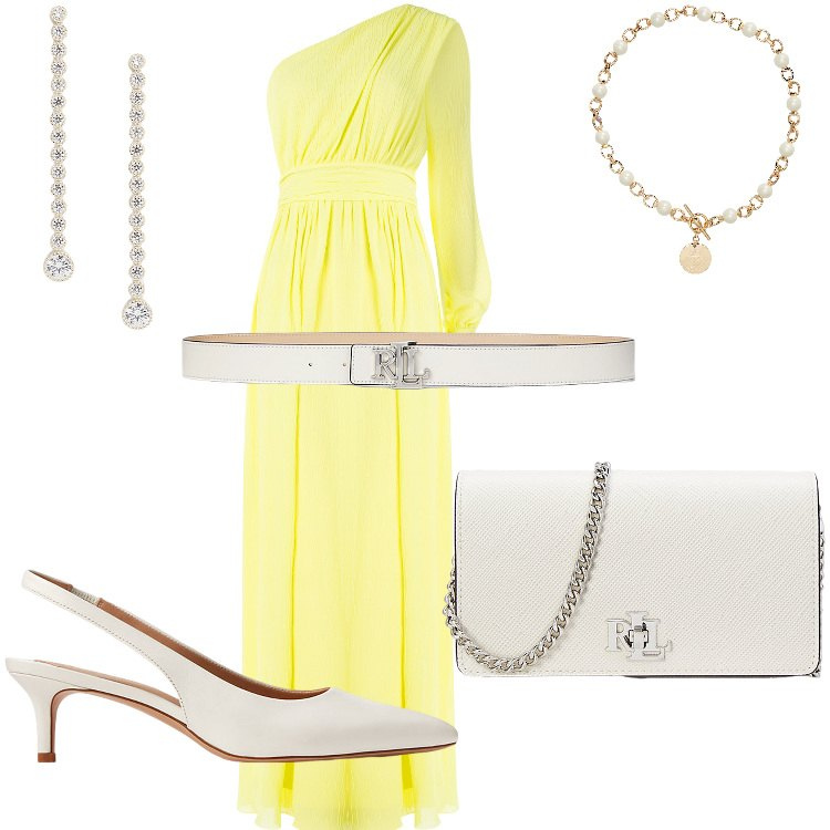 Outfit donna - Burrosa. Stile Casual chic per Cerimonia. Abbinamento con vestiti lunghi, collane, cinture, décolleté, orecchini, borse a tracolla.